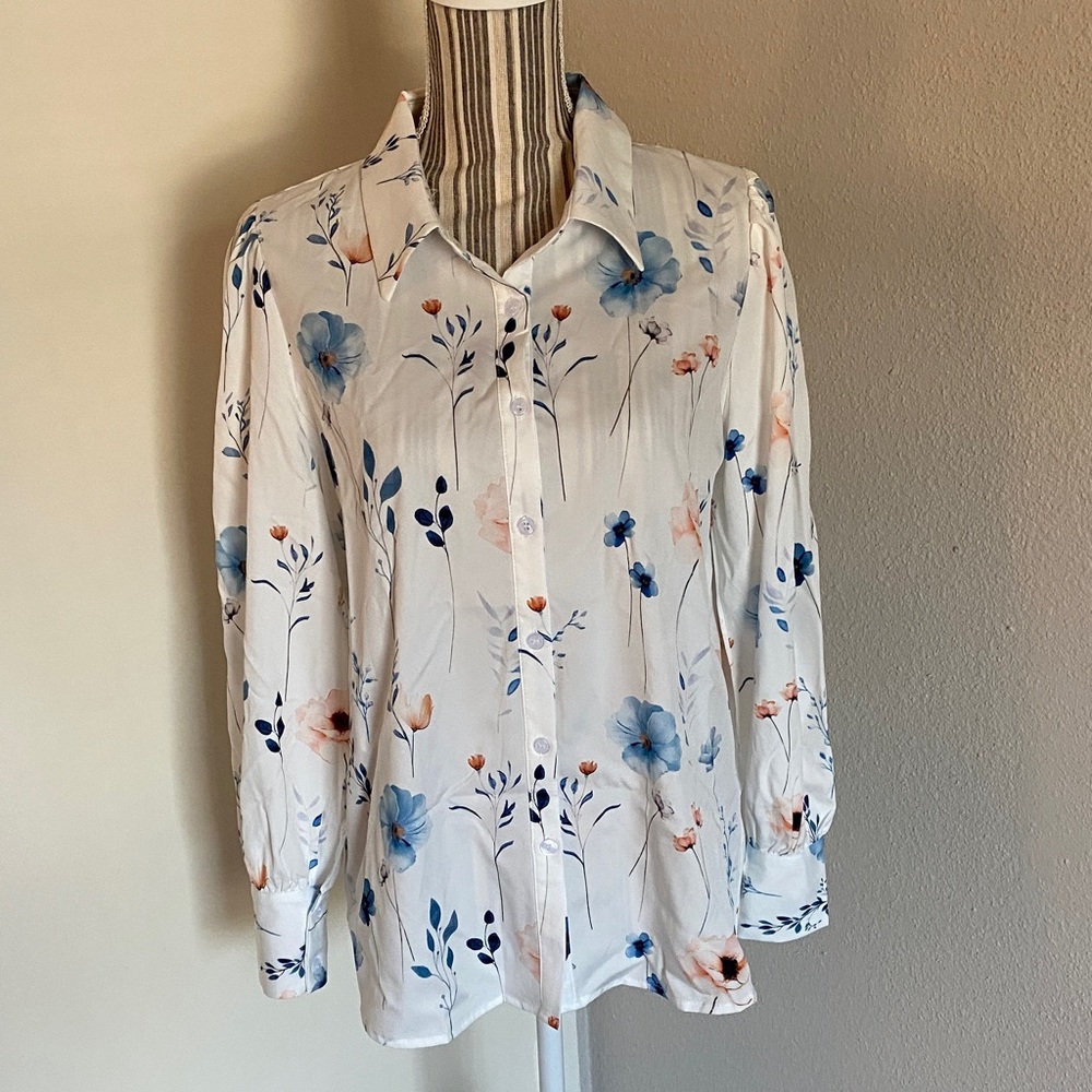 Zeagoo Floral Button Down Shirt - White and Blue